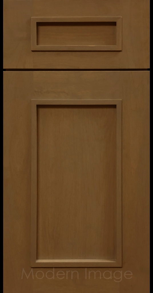 Brown-stained Gilbert cabinet a recessed flat panel and elevated molding.